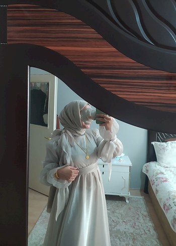 Uzun Kollu Drapeli Beyaz Kadın Elbise - Görsel 2