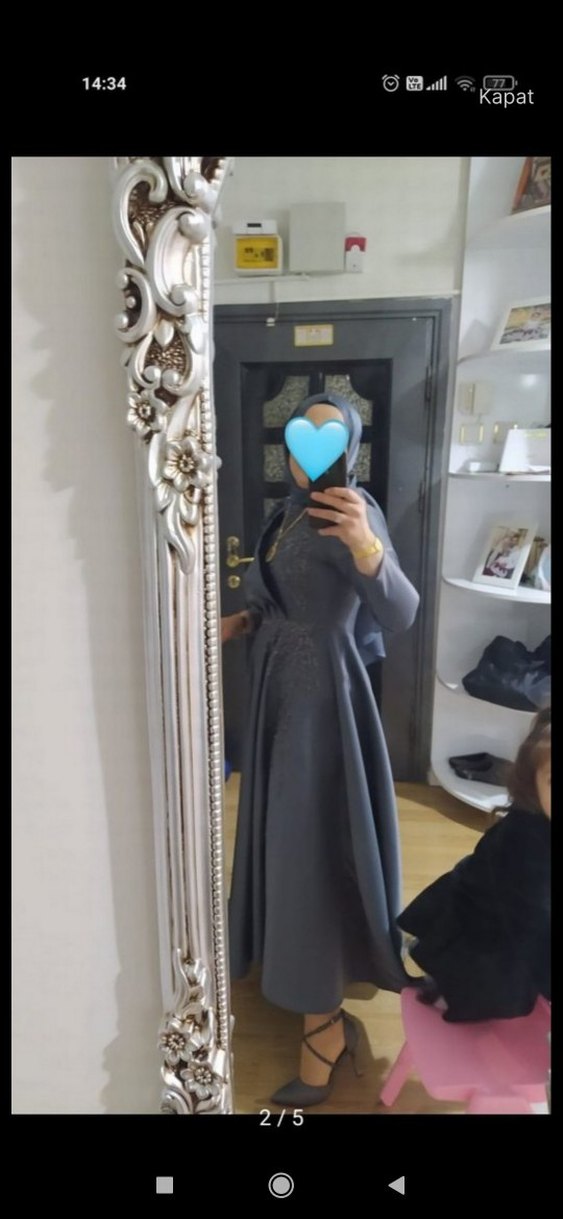 Uzun Kollu Gri Gotik Kadın Abiye Elbise - Görsel 3