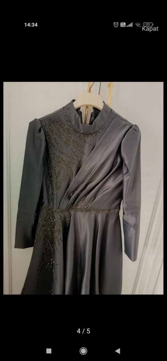 Uzun Kollu Gri Gotik Kadın Abiye Elbise - Görsel 2