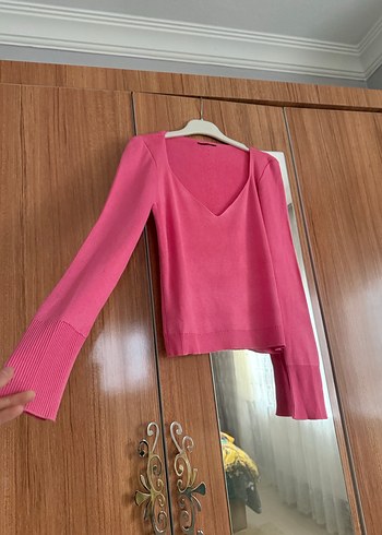 Pembe V Yaka Kadın Triko Kazak - Görsel 4