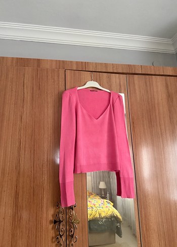 Pembe V Yaka Kadın Triko Kazak - Görsel 2