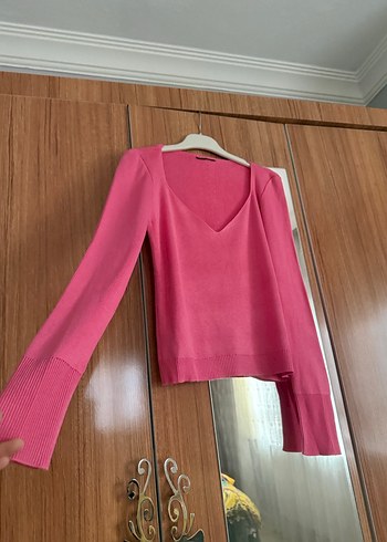 Pembe V Yaka Kadın Triko Kazak - Görsel 5