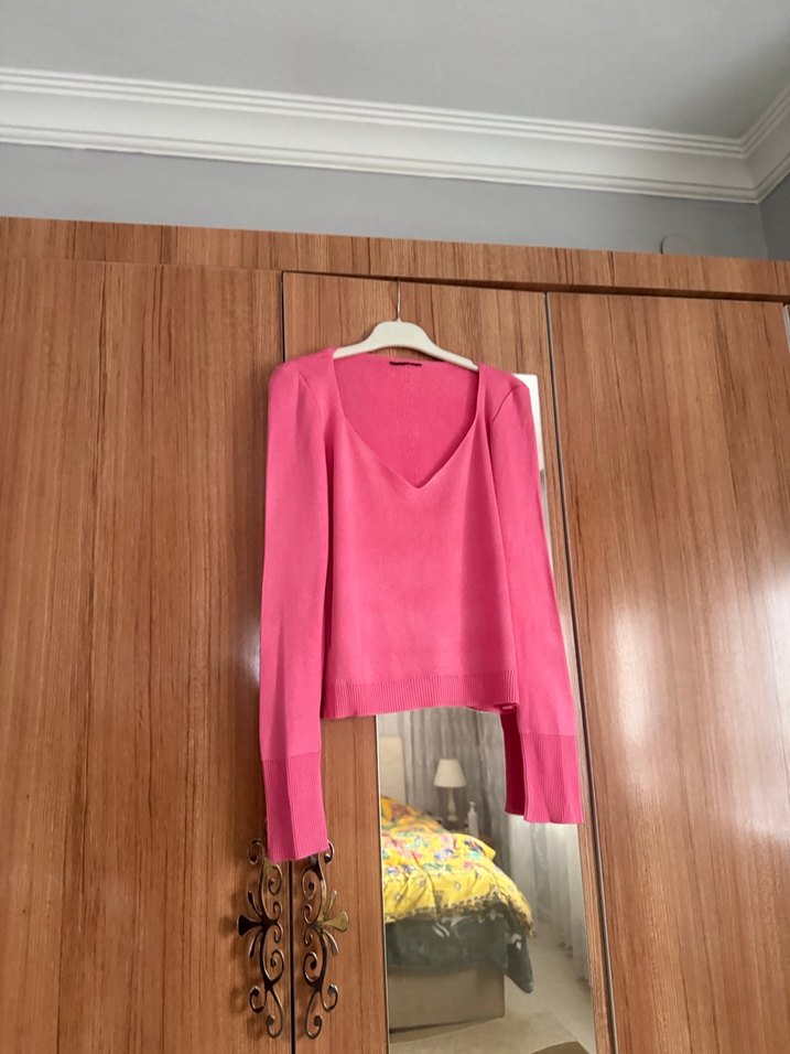 Pembe V Yaka Kadın Triko Kazak - Görsel 3