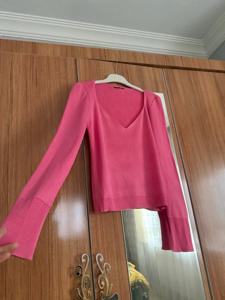 Pembe V Yaka Kadın Triko Kazak - Görsel 5