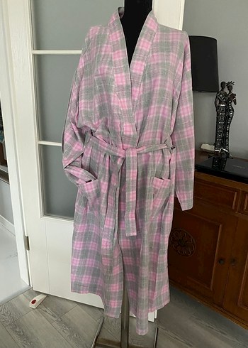 Uzun Kollu Gri Bağlamalı pamuklu Kadın Sabahlık