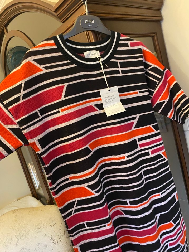 Çok Renkli Kısa Kollu Uzun Triko Elbise - Görsel 2