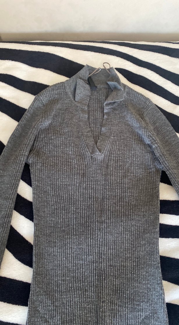 Gri Fitilli Uzun Kollu Triko Elbise - Görsel 3