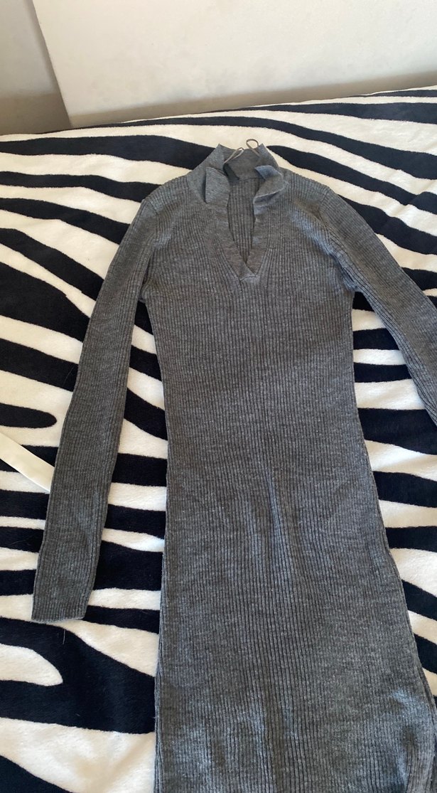 Gri Fitilli Uzun Kollu Triko Elbise - Görsel 4