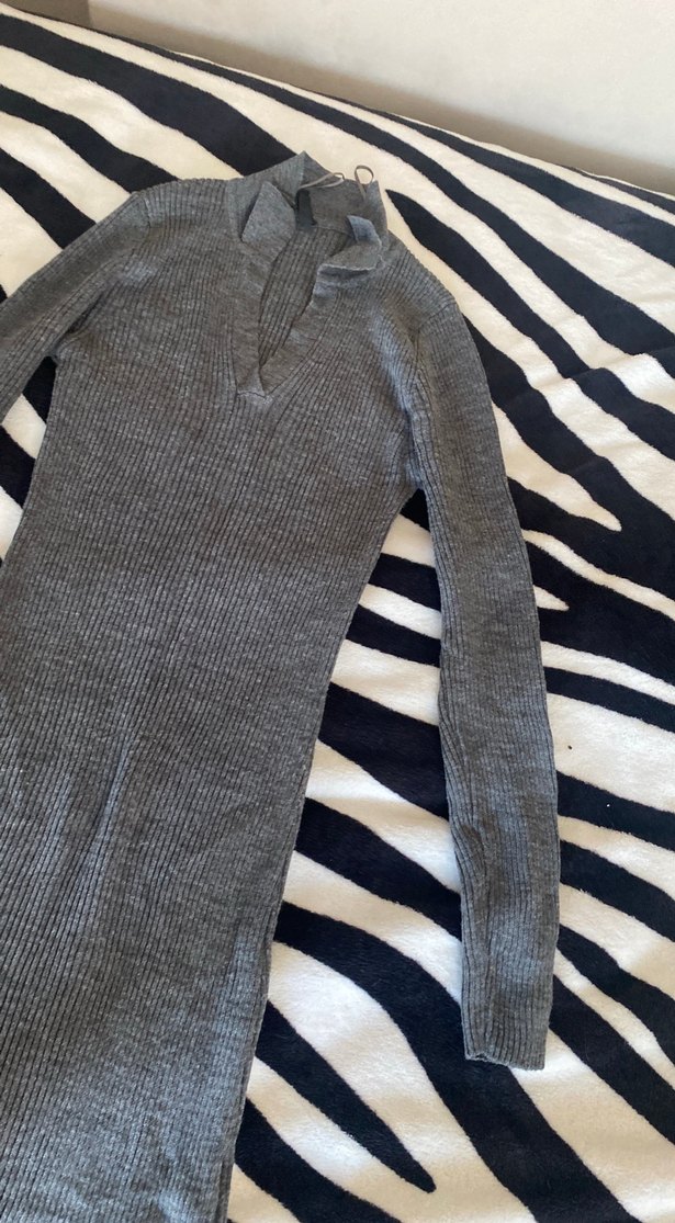 Gri Fitilli Uzun Kollu Triko Elbise - Görsel 5