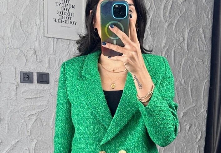 Yeşil kısa Tüvit blazer ceket