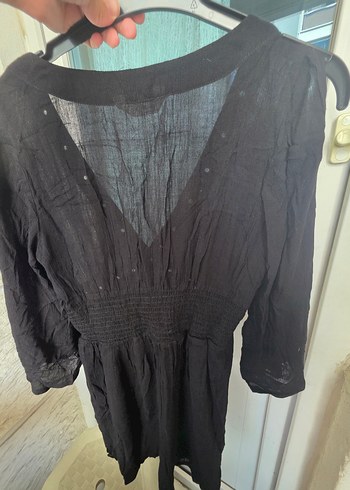 Düğmeli V Yaka Siyah Pamuklu plaj elbısesı - Görsel 3