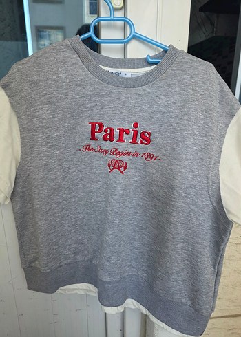 l Beden gri Renk Gri Bel Detaylı Kısa Kollu Sweatshirt takım