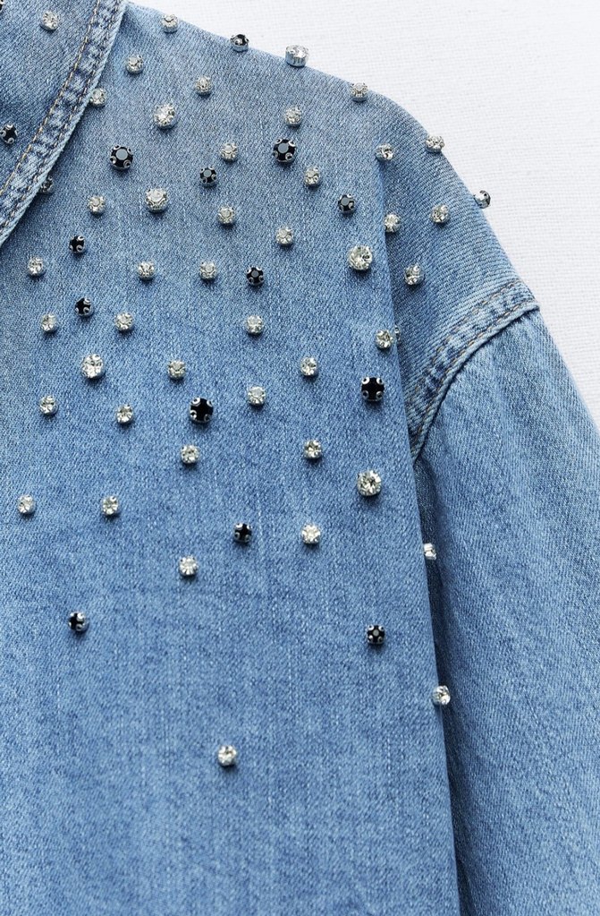 Mavi Nakışlı Kadın Kot Ceket - gömlek - Görsel 3