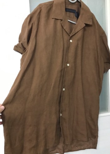 Düğmeli, Kısa Kollu Kahverengi Keten Erkek Gömlek - Görsel 3