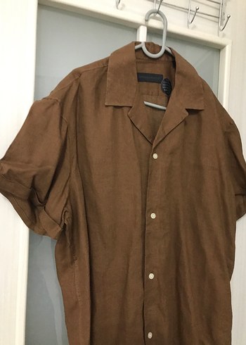 Düğmeli, Kısa Kollu Kahverengi Keten Erkek Gömlek - Görsel 2