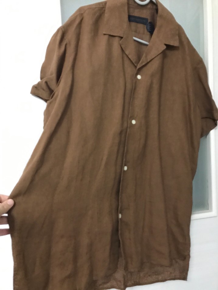 Düğmeli, Kısa Kollu Kahverengi Keten Erkek Gömlek - Görsel 3