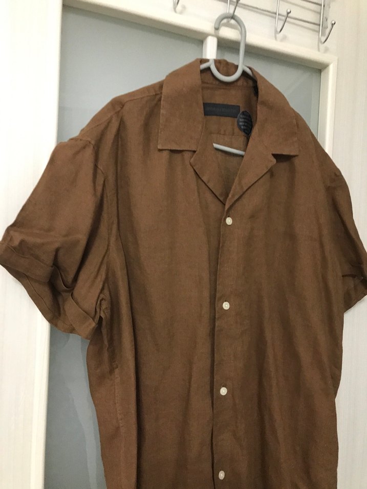 Düğmeli, Kısa Kollu Kahverengi Keten Erkek Gömlek - Görsel 2