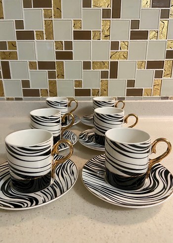Siyah Beyaz Dalgalı Desenli 6'lı Kahve Fincanı Seti - Görsel 2