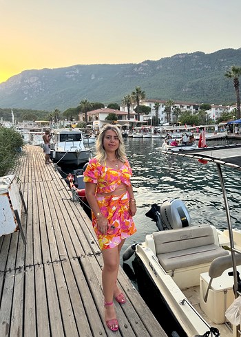 Pembe Bohem Kısa Elbise Drapeli Mini