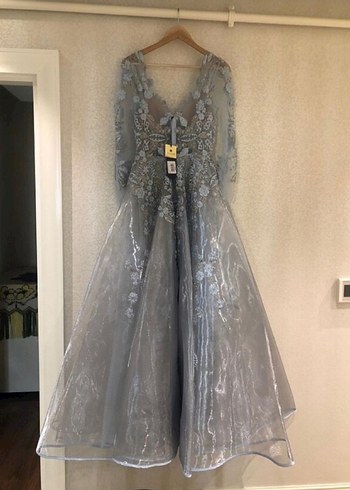 Gri İşlemeli Bohem Uzun Abiye Elbise - Görsel 2