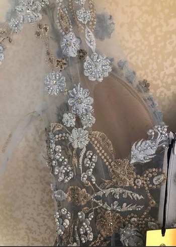 Gri İşlemeli Bohem Uzun Abiye Elbise - Görsel 4