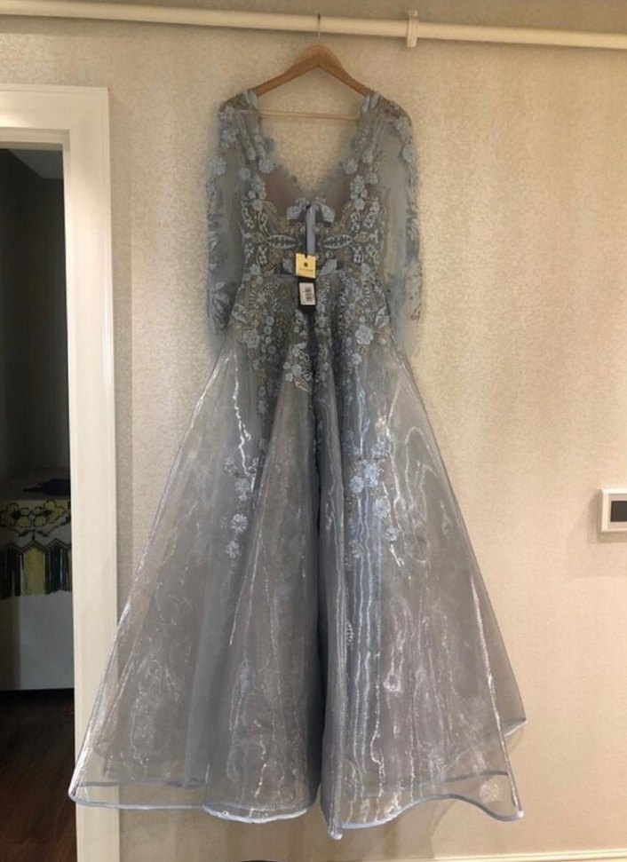 Gri İşlemeli Bohem Uzun Abiye Elbise - Görsel 2