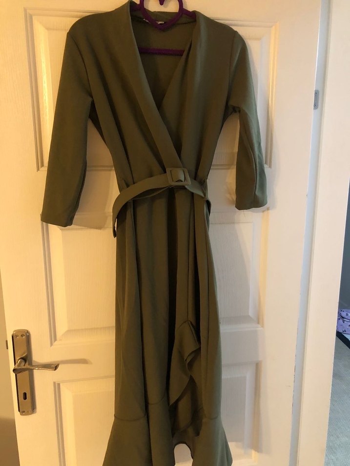 Uzun Kollu, Kemerli Haki Elbise - Görsel 2