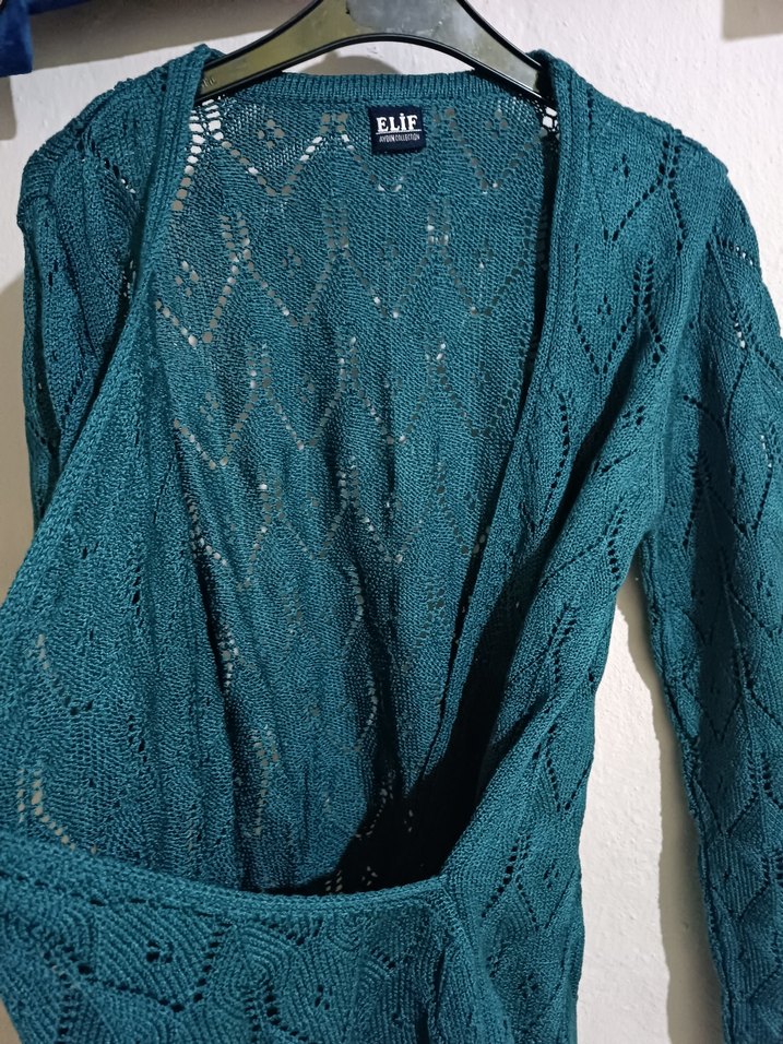 Bohem Tarz Turkuaz Kadın Triko Hırka - Görsel 2