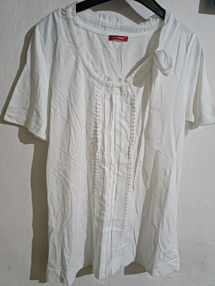 Beyaz Keten Kısa Kollu Bluz - Görsel 3