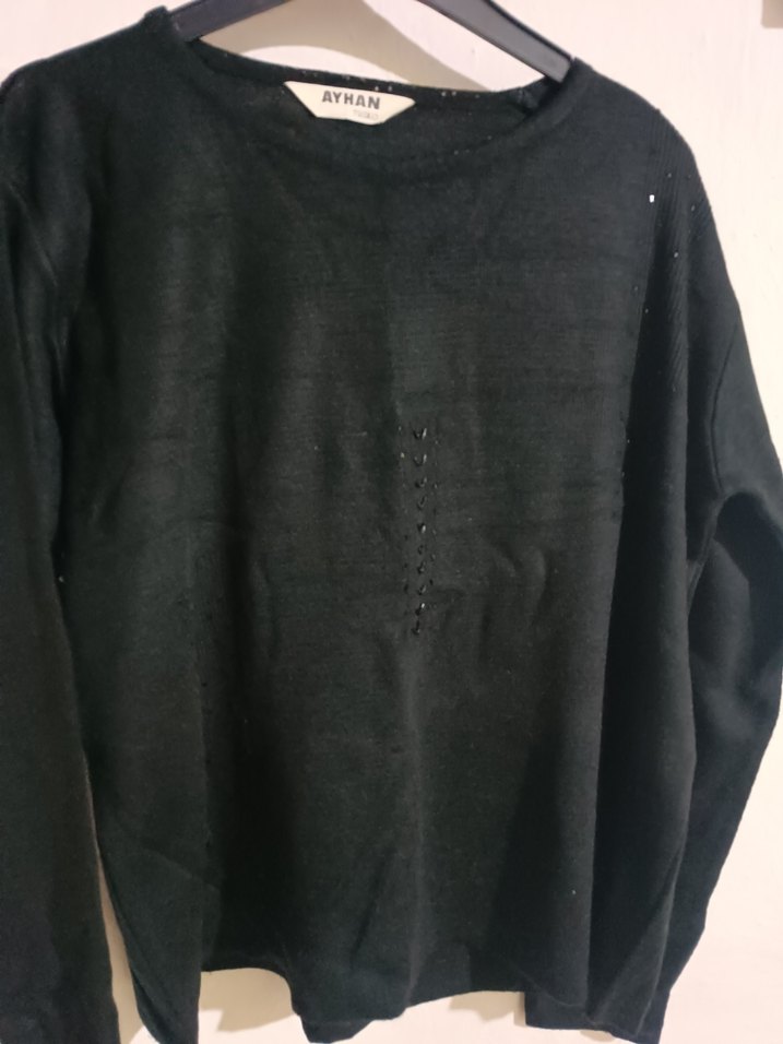 Siyah Uzun Kollu Basic Kadın Keten Kazak - Görsel 2