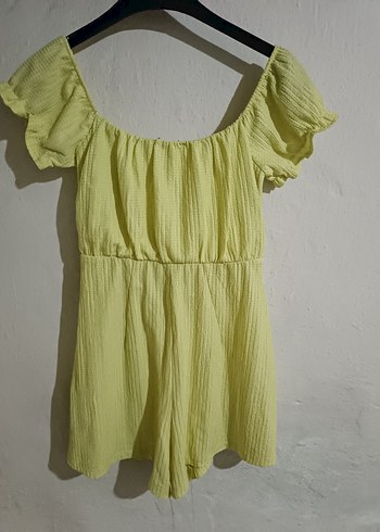 Sarı Keten Mini Tulum Fırfırlı