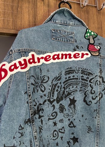l Beden Nakışlı Kadın Denim Ceket, Düğmeli, Salaş