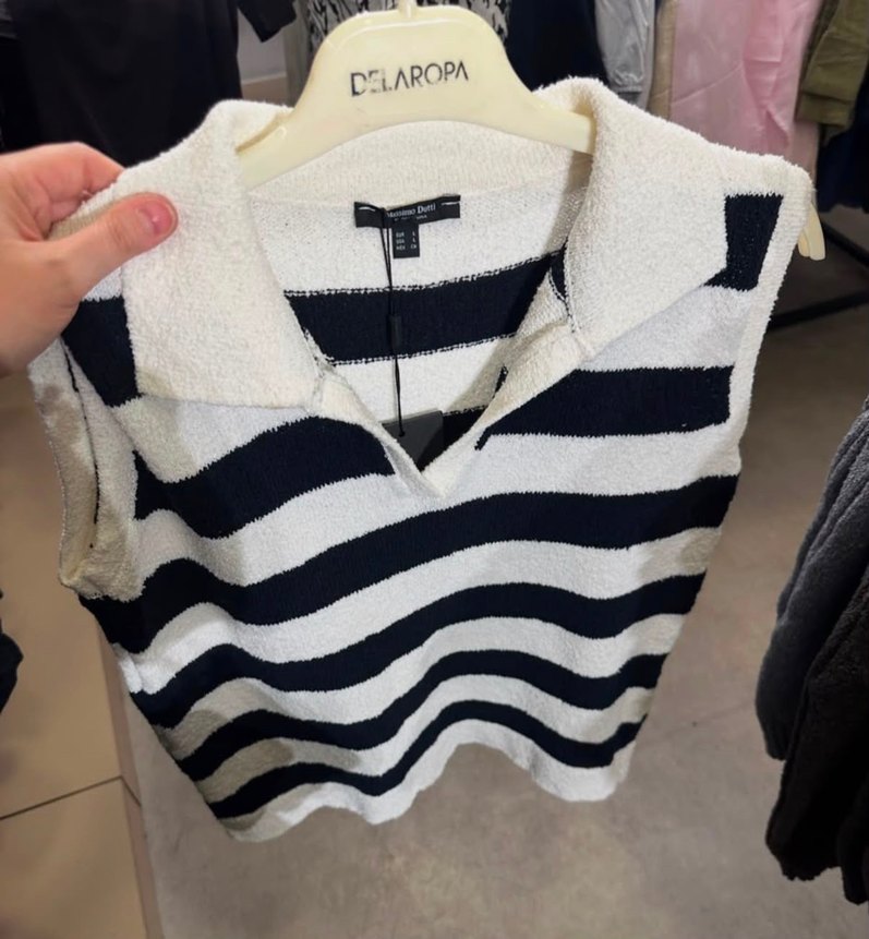 Massimo Dutti Lacivert-Beyaz Çizgili Kolsuz Polo Triko — görsel 2/7