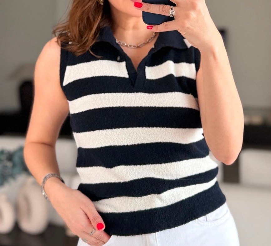 Massimo Dutti Lacivert-Beyaz Çizgili Kolsuz Polo Triko — görsel 6/7