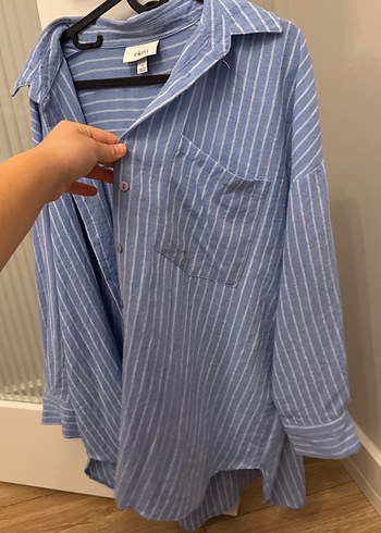 Mavi Çizgili Pamuklu Salaş Gömlek - Görsel 3
