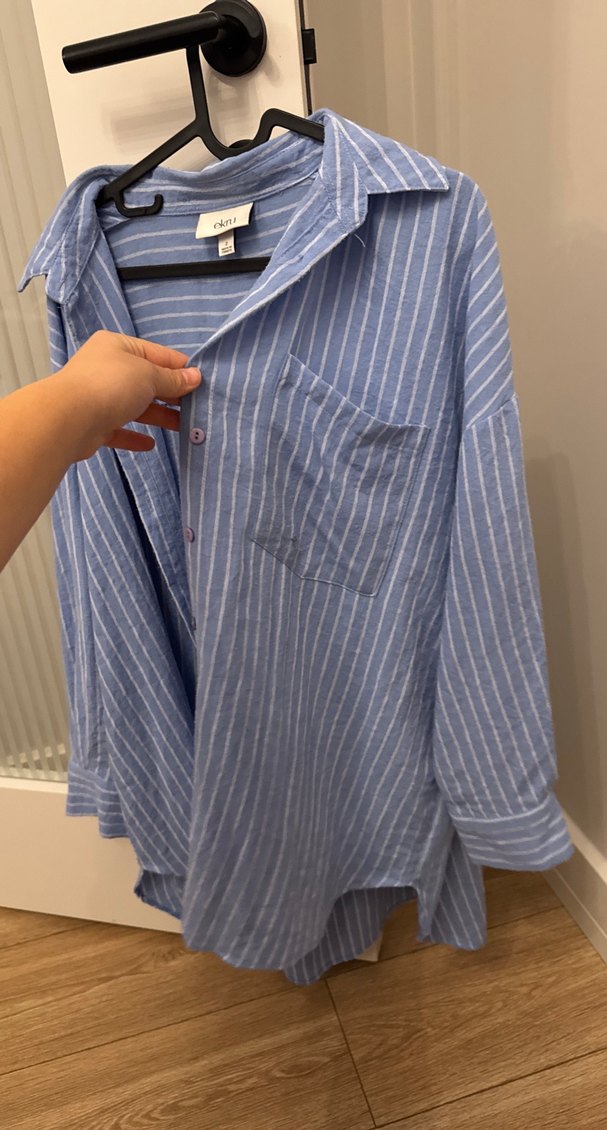 Mavi Çizgili Pamuklu Salaş Gömlek - Görsel 3