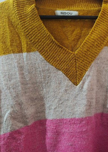 Renkli Çizgili V Yaka Kadın Triko Kazak - Görsel 2