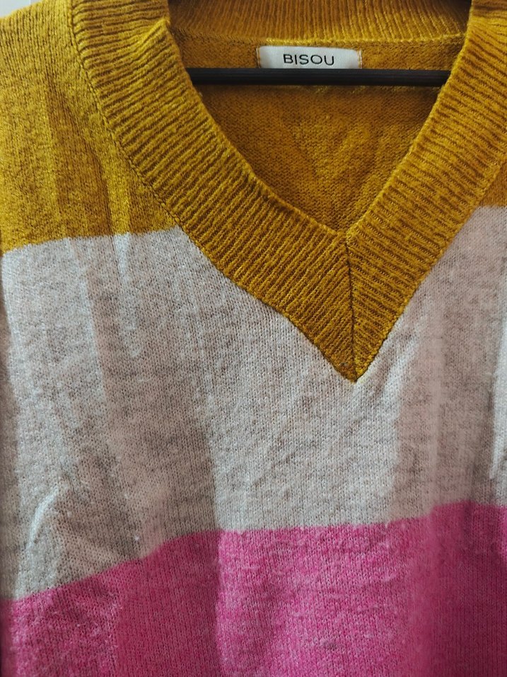 Renkli Çizgili V Yaka Kadın Triko Kazak - Görsel 2