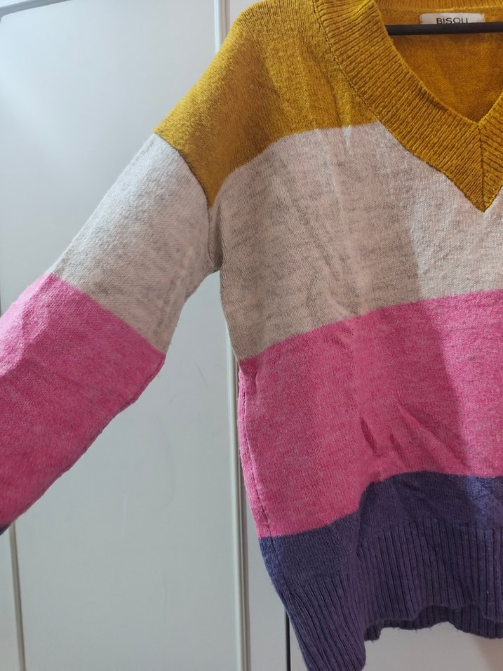 Renkli Çizgili V Yaka Kadın Triko Kazak - Görsel 3