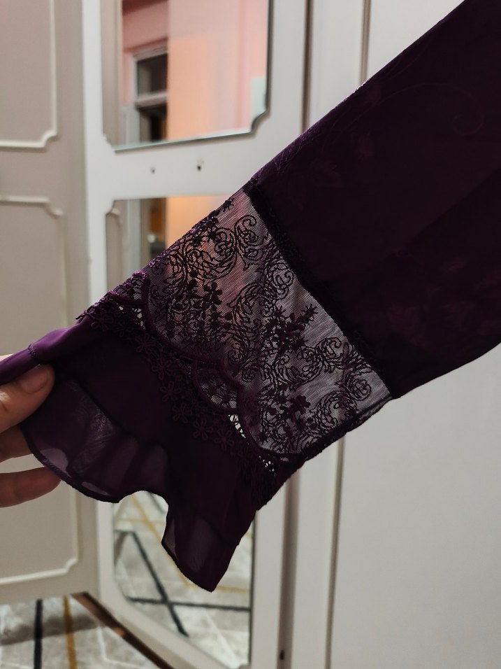 Mor Uzun Kollu Gotik Kadın Pijama  Gecelik Takımı - Görsel 5