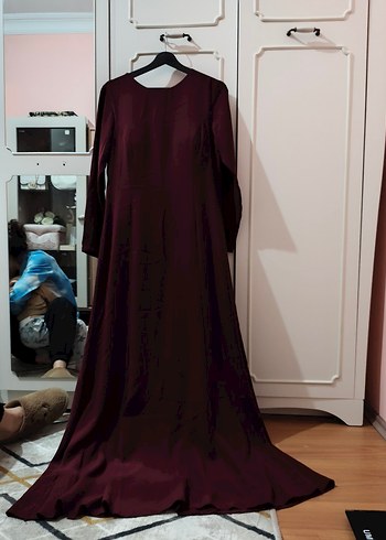Bordo Uzun Kollu Drapeli Kadın Elbise Abiye - Görsel 2