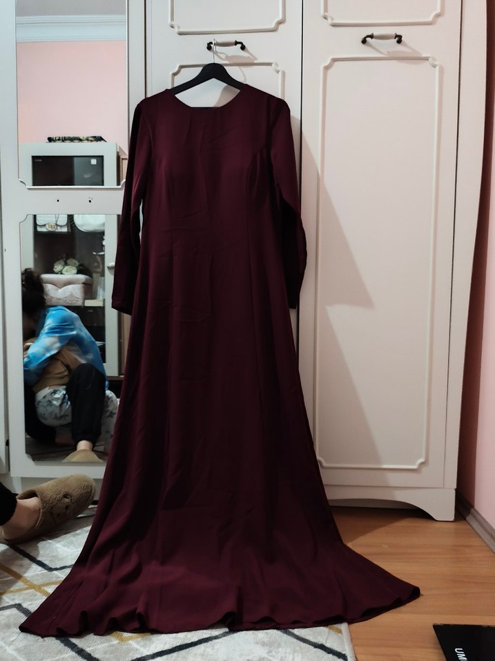 Bordo Uzun Kollu Drapeli Kadın Elbise Abiye - Görsel 2
