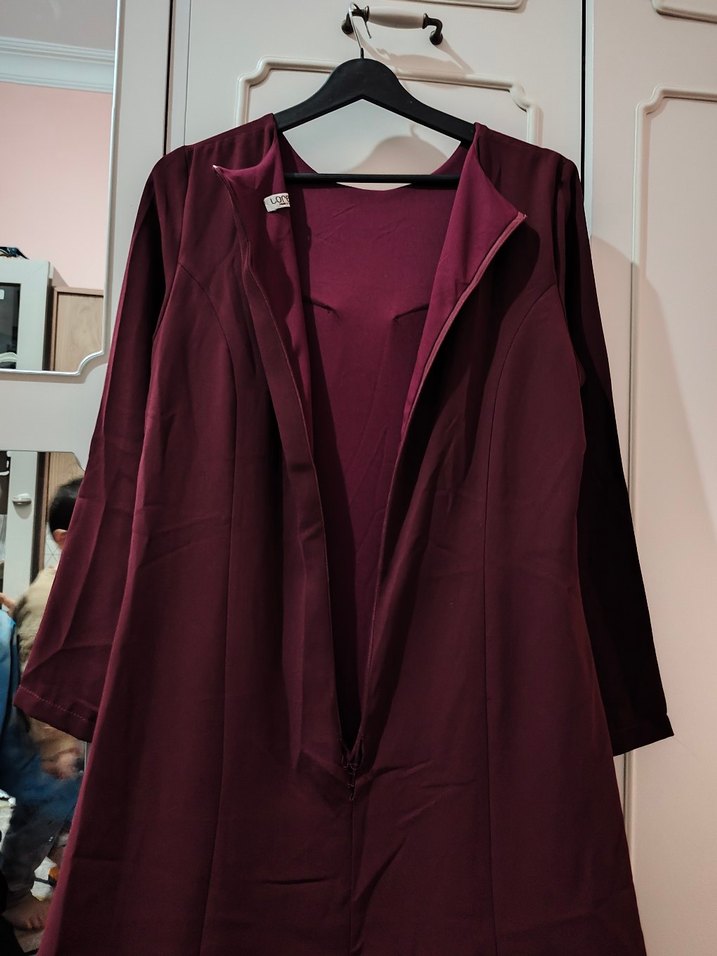 Bordo Uzun Kollu Drapeli Kadın Elbise Abiye - Görsel 4