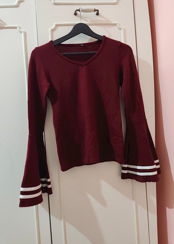 Bordo V Yaka Uzun Kollu Örgü Kadın Kazak - Görsel 4