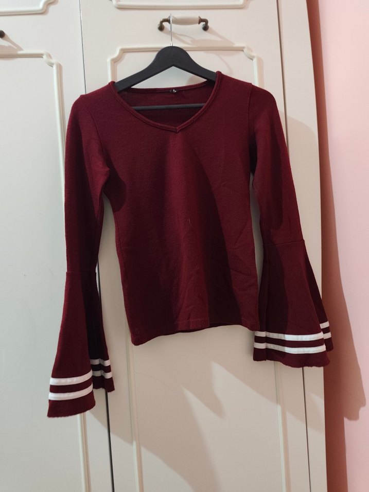 Bordo V Yaka Uzun Kollu Örgü Kadın Kazak - Görsel 4