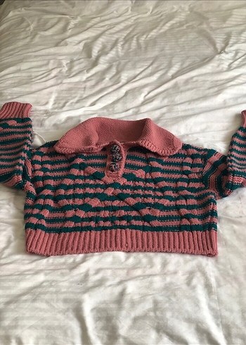 Pembe Çizgili Uzun Kollu Örgü Kazak