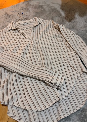 Bej Çizgili V Yaka Keten Gömlek - Görsel 6