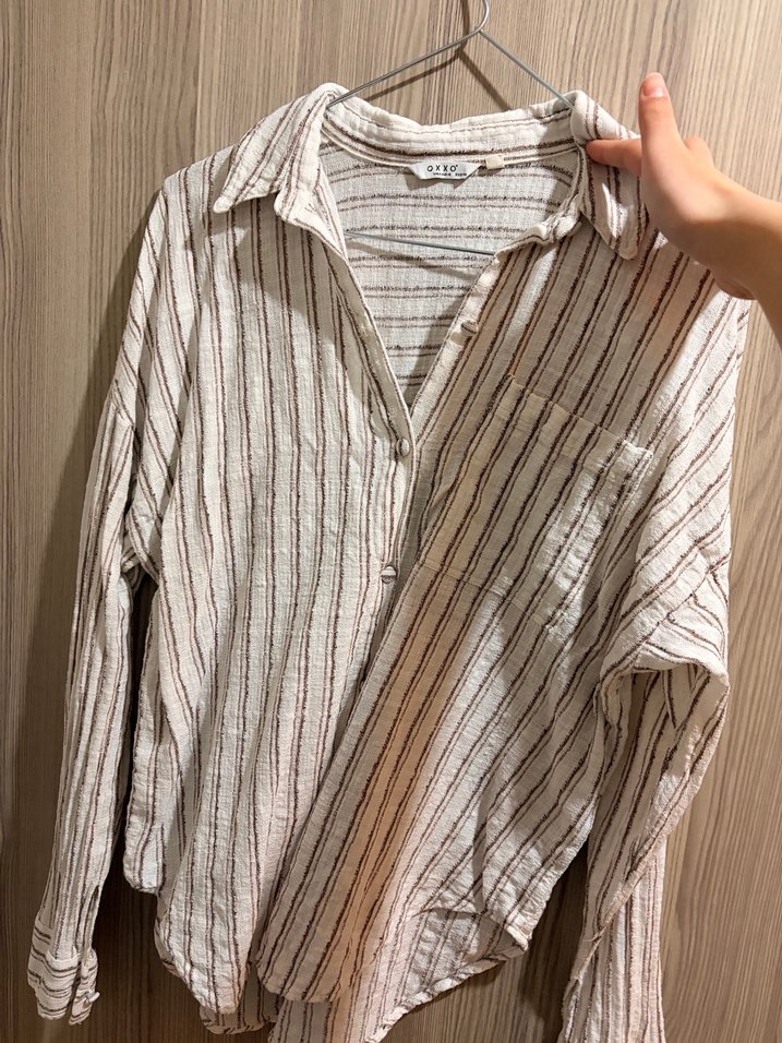 Bej Çizgili V Yaka Keten Gömlek - Görsel 2