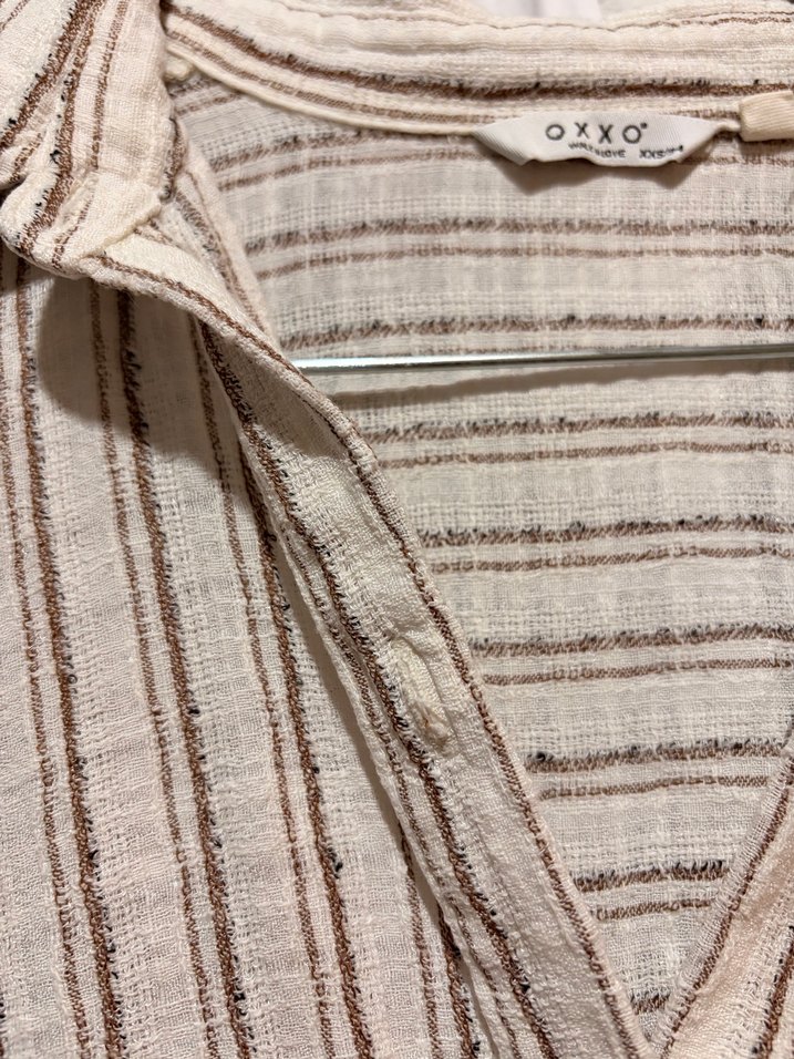 Bej Çizgili V Yaka Keten Gömlek - Görsel 5