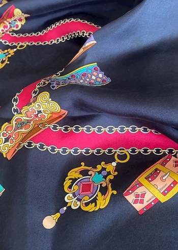 Renkli Zincir Detaylı Kadın İpek Eşarp90:90 cm - Görsel 5